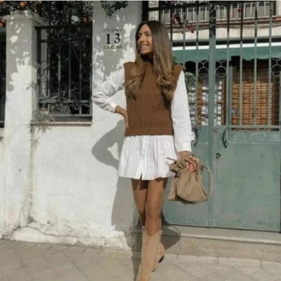 Zara Sweaters - Zara Cable Knit Sweater Vest Brown Mock Neck Sleeveless Pullover Size S